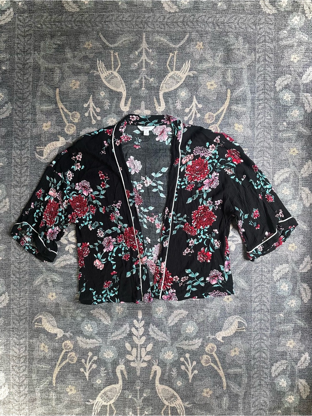 Candie's short Sleeve Black Floral Open-Front Crop Top with Red and Pink Blooms
